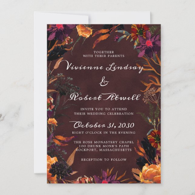Rustic Burgundy Red Orange Purple Fall Floral Invitation (Front)