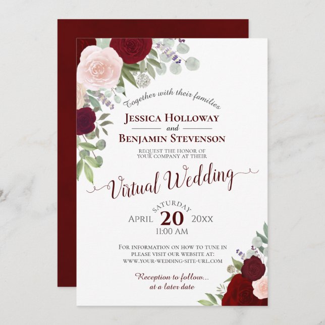 Rustic Burgundy Red & Pink Floral Virtual Wedding Invitation (Front/Back)