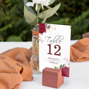 Rustic Burgundy Red Rose Floral Wedd Table Number