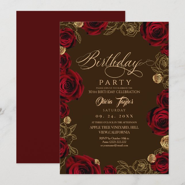 Rustic Burgundy Red Rose Script Birthday  Invitation (Front/Back)