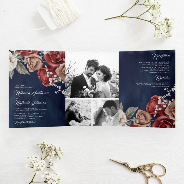 Rustic Burgundy Red Roses Navy Blue Photo Wedding Tri-Fold Invitation (Creator Uploaded)
