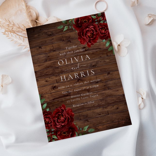 Rustic Burgundy Red Roses Wedding Invitation (Creator Uploaded)
