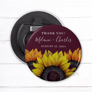 Rustic Burgundy Red Sunflower Couple Names Bottle Opener