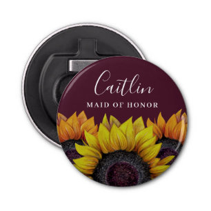 Rustic Burgundy Red Sunflower Maid of Honour Name Bottle Opener