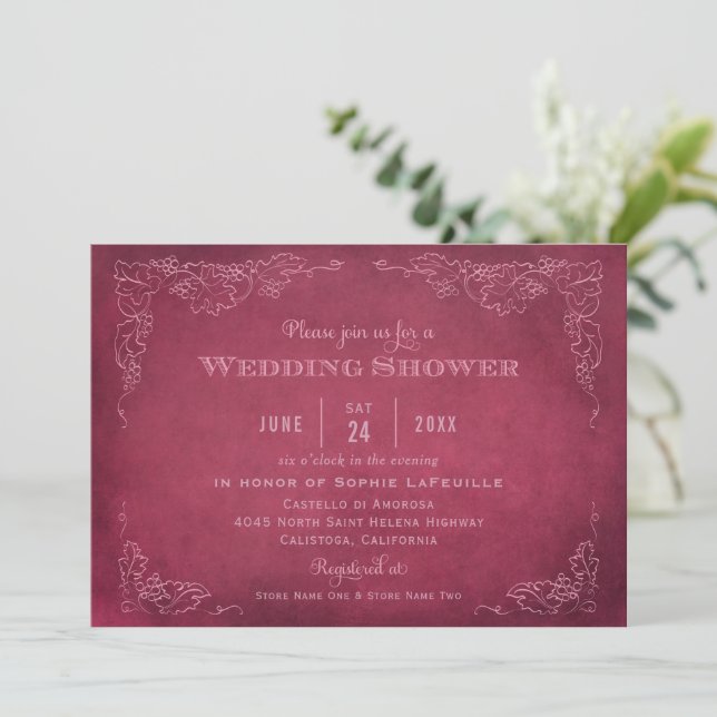 Rustic Burgundy Red Vineyard Wedding Shower Invitation (Standing Front)