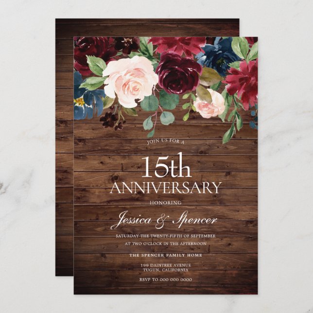 Rustic Burgundy Red Wine 15th Wedding Anniversary Invitation (Front/Back)