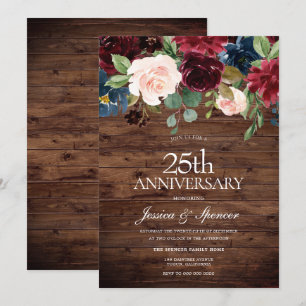 Rustic Burgundy Red Wine 25th Wedding Anniversary Invitation