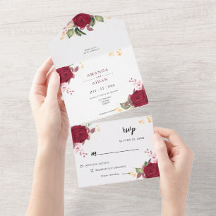Rustic Burgundy Romantic Red Floral Wedding All In One Invitation