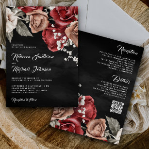 Rustic Burgundy Roses QR Code Black Wedding Invitation