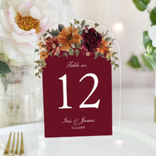 Rustic Burgundy Rust Floral Wedding Table Number