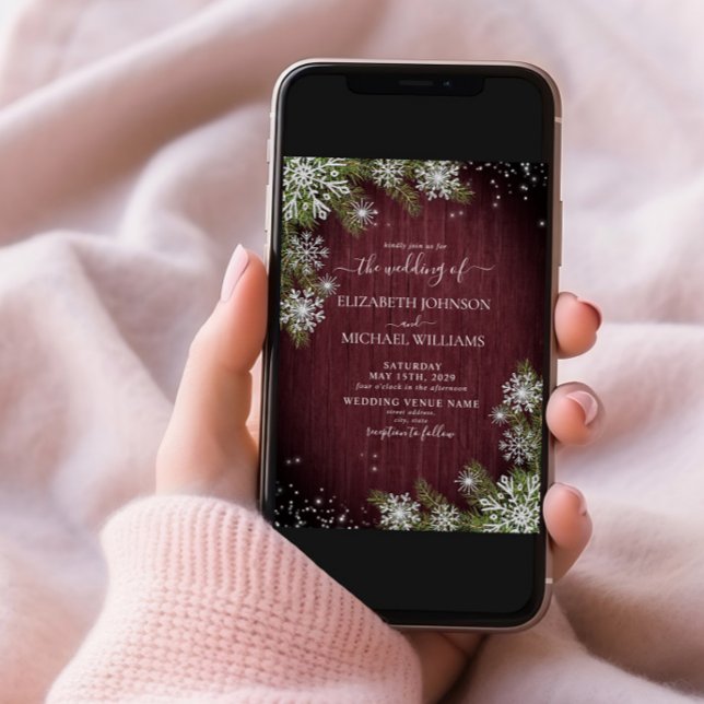 Rustic Burgundy Silver Winter Wood Photo Wedding Invitation (Creator Uploaded)