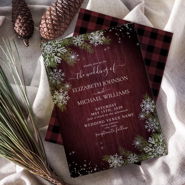 Rustic Burgundy Silver Winter Wood Plaid Wedding Invitation (Creator Uploaded)