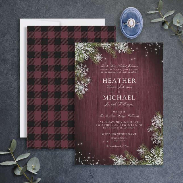 Rustic Burgundy Silver Winter Wood Plaid Wedding Invitation (Creator Uploaded)