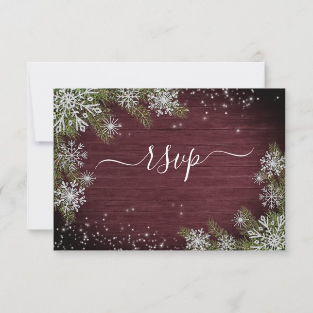 Rustic Burgundy Silver Winter Wood Wedding RSVP (Front)