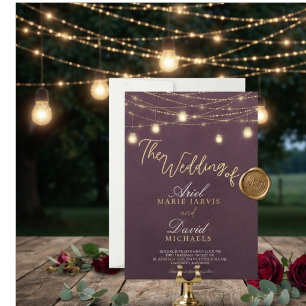 Rustic Burgundy String Lights Romantic Wedding Invitation