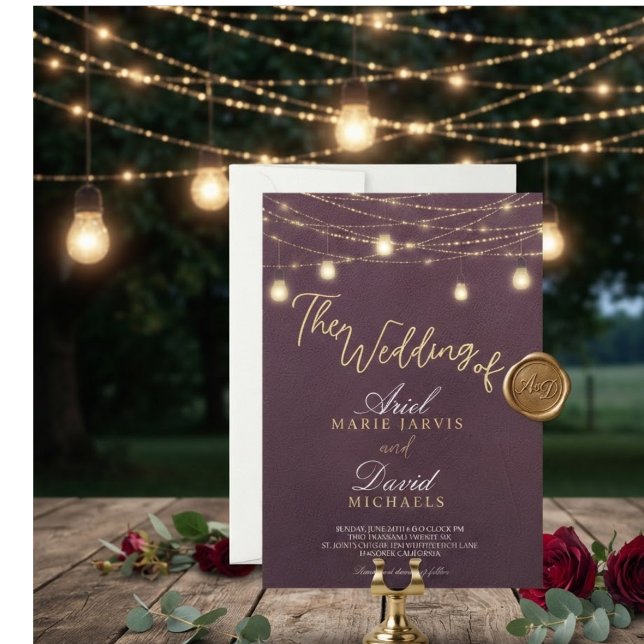 Rustic Burgundy String Lights Romantic Wedding Invitation (Creator Uploaded)