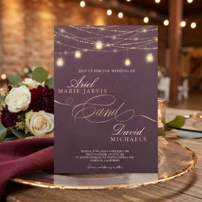 Rustic Burgundy String Lights Romantic Wedding  Invitation (Creator Uploaded)