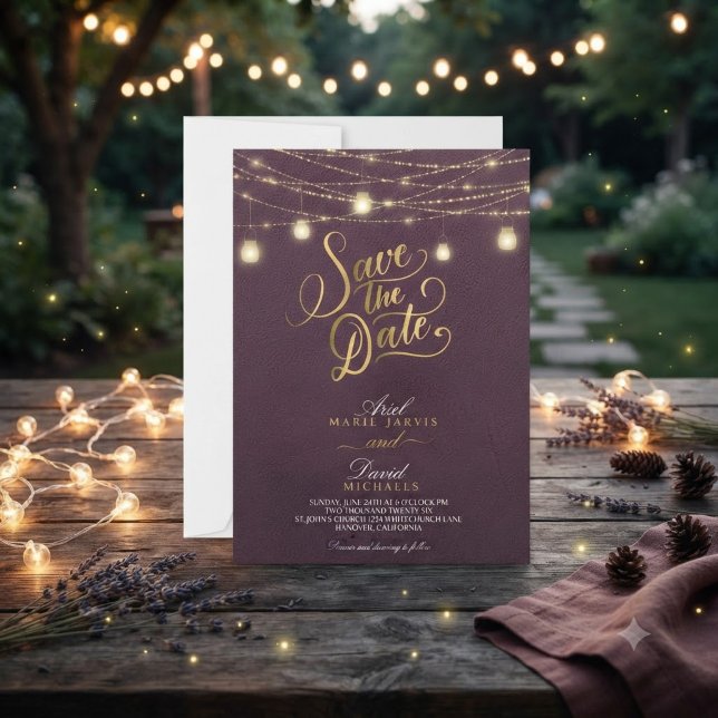 Rustic Burgundy String Lights Save the Date Invitation (Creator Uploaded)