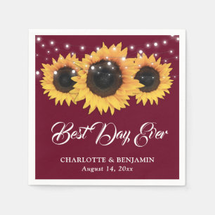 Rustic Burgundy String Lights Sunflower Wedding Napkin