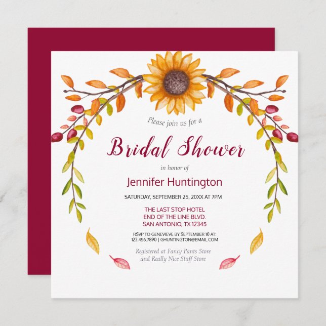 Rustic Burgundy Sunflower Bridal Shower Invitation (Front/Back)