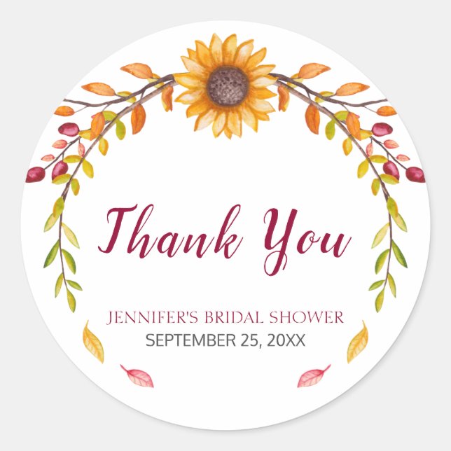 Rustic Burgundy Sunflower Bridal Shower Thank You Classic Round Sticker (Front)