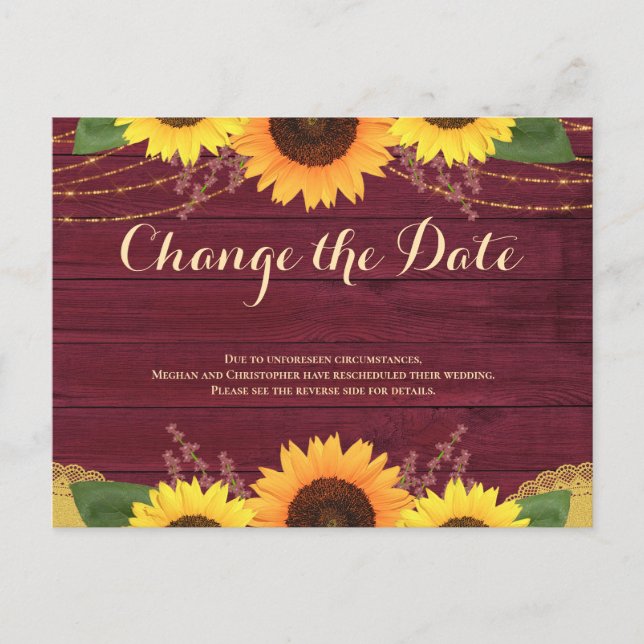 Rustic Burgundy Sunflower Wedding Change the Date Announcement Postcard (Front)