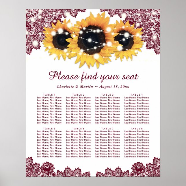 Rustic Burgundy Sunflower Wedding Seating Chart 8 (Front)