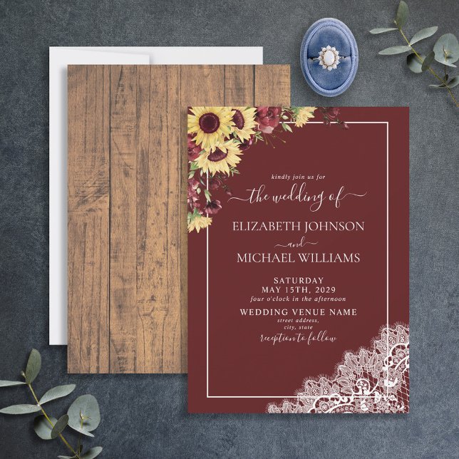 Rustic Burgundy Sunflower Wood Script Wedding Invitation (Creator Uploaded)