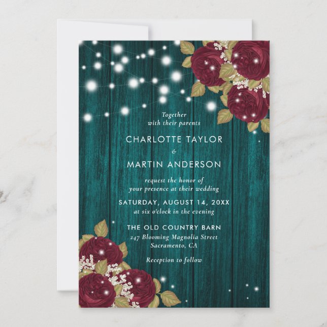 Rustic Burgundy Teal Wood Lights Floral Wedding Invitation (Front)