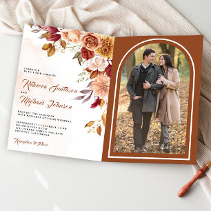 Rustic Burgundy Terracotta Floral QR Code Wedding Invitation
