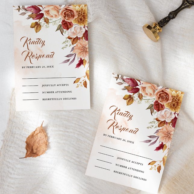Rustic Burgundy Terracotta Floral Wedding RSVP Card (Creator Uploaded)