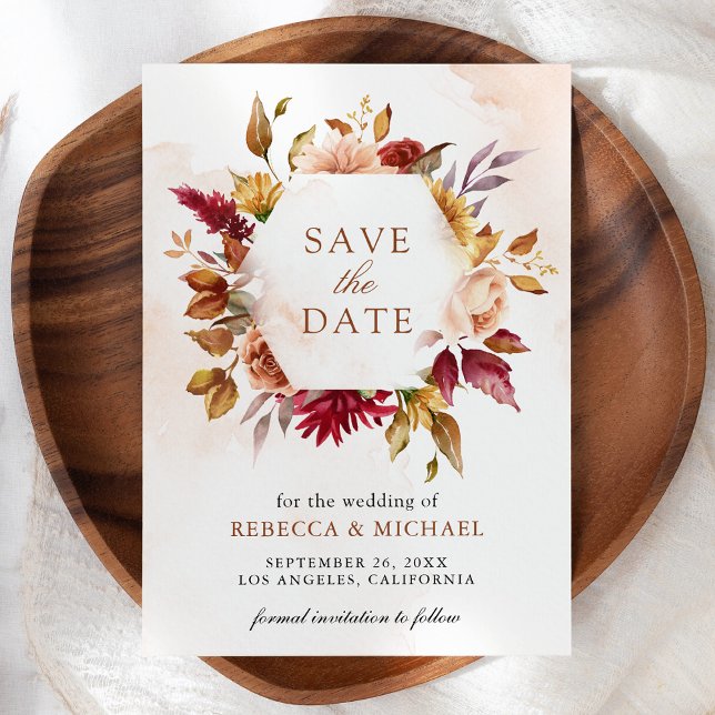 Rustic Burgundy Terracotta Floral Wedding Save The Date (Creator Uploaded)