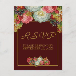 Rustic Burgundy Vintage Autumn Floral Wedding RSVP Postcard