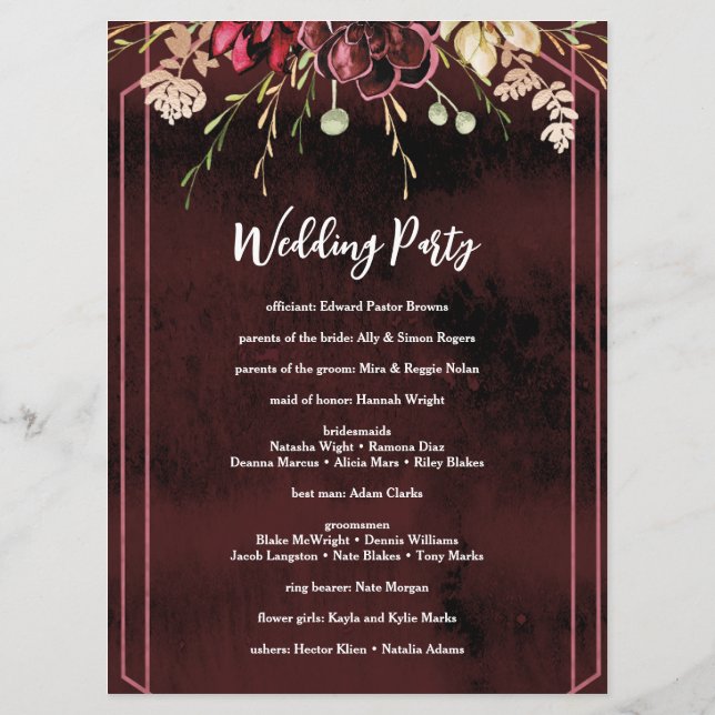 Rustic Burgundy Watercolor Calligraphy Wedding Programme (Back)