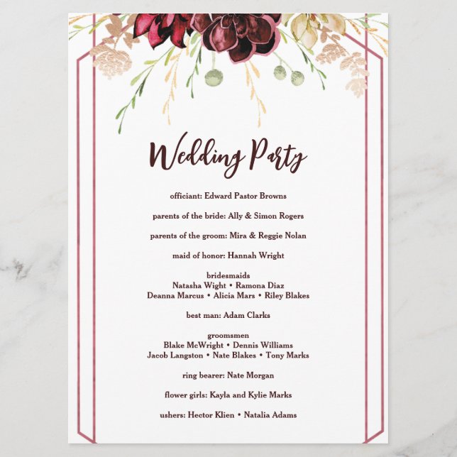 Rustic Burgundy Watercolor Calligraphy Wedding Programme (Back)