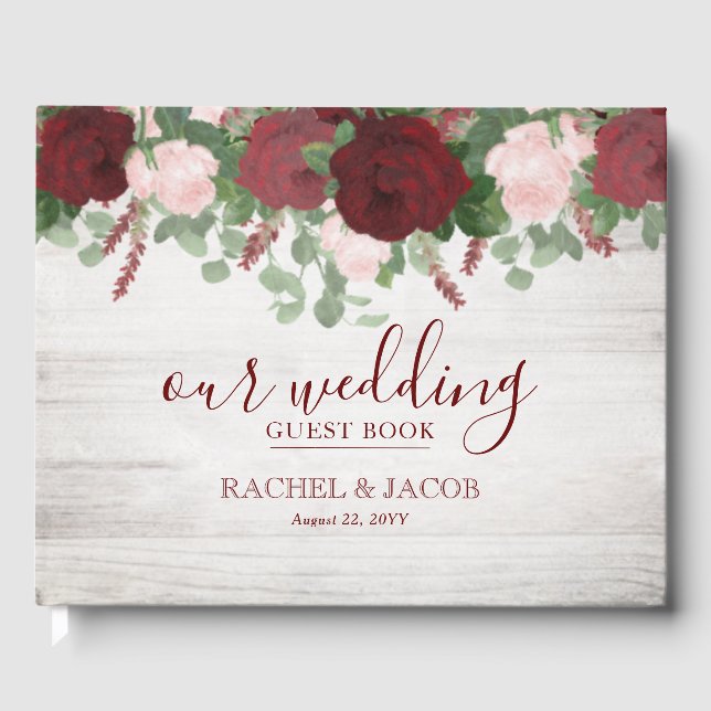 Rustic Burgundy Watercolor Floral Roses Wedding Guest Book (Front)