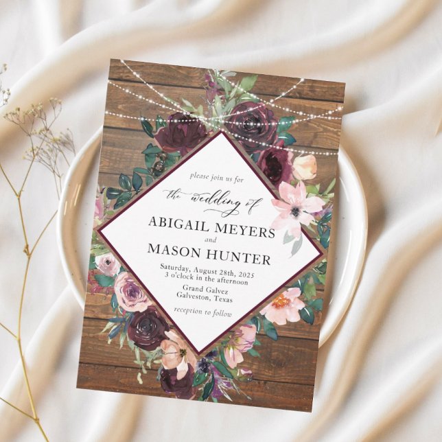 Rustic Burgundy Watercolor Floral Wedding Invitation (Creator Uploaded)