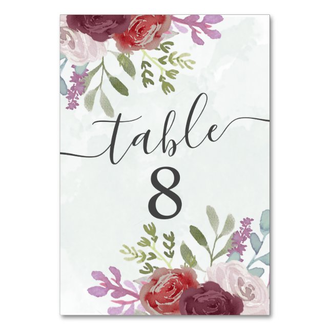 Rustic Burgundy Watercolor Floral Wedding  Table Number (Front)