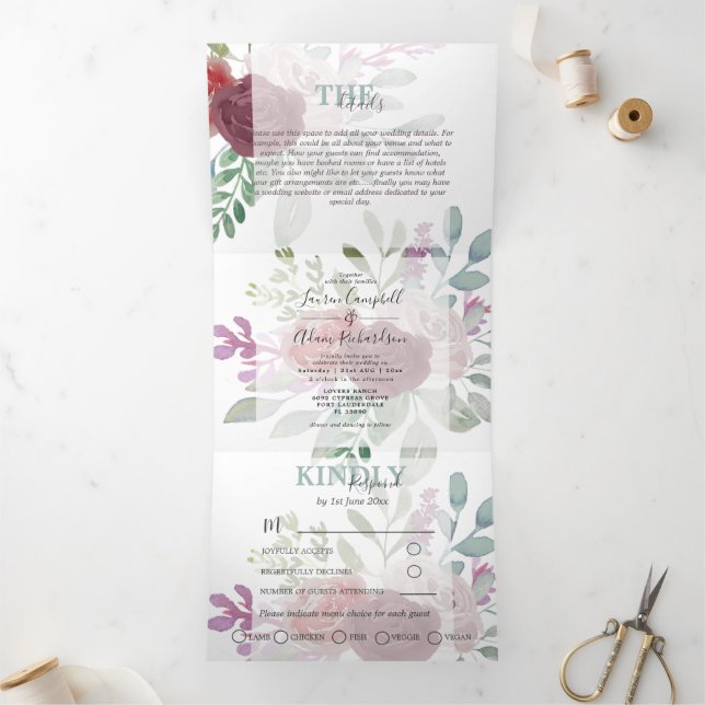 Rustic Burgundy Watercolor Floral Wedding  Tri-Fold Invitation (Inside)