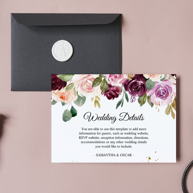 Rustic  Burgundy Watercolor Flowers & Gold Drops Enclosure Card (Creator Uploaded)