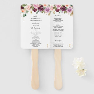 Rustic Burgundy Watercolor Flowers & Gold Drops Hand Fan