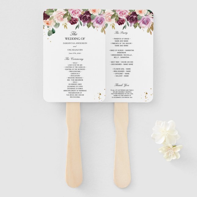 Rustic  Burgundy Watercolor Flowers & Gold Drops Hand Fan (Front and Back)