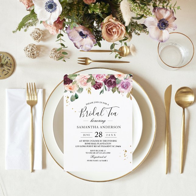 Rustic  Burgundy Watercolor Flowers & Gold Drops Invitation (Creator Uploaded)