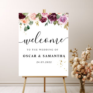 Rustic  Burgundy Watercolor Flowers & Gold Drops Poster