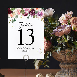 Rustic Burgundy Watercolor Flowers & Gold Drops Table Number