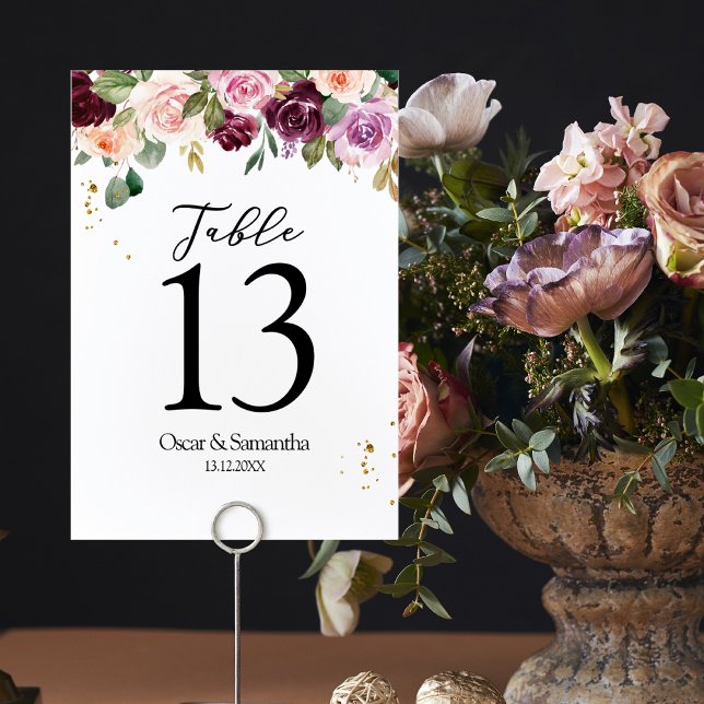 Rustic  Burgundy Watercolor Flowers & Gold Drops Table Number (Creator Uploaded)