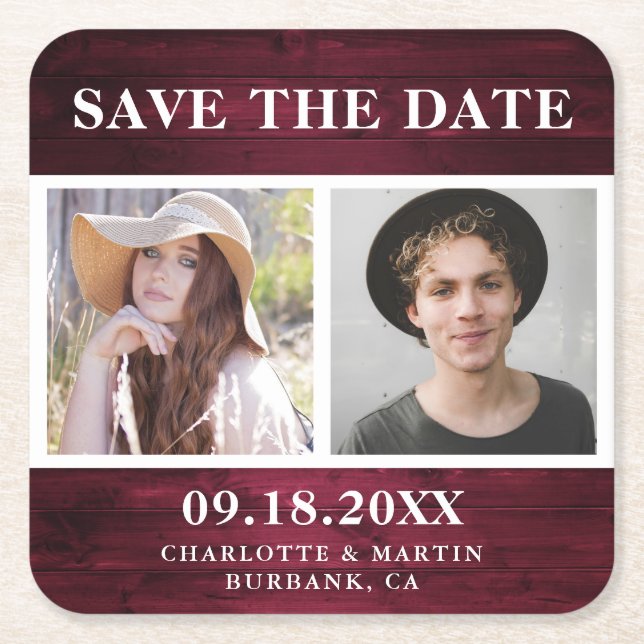 Rustic Burgundy Wedding 2 Photo Save The Date Square Paper Coaster (Front)