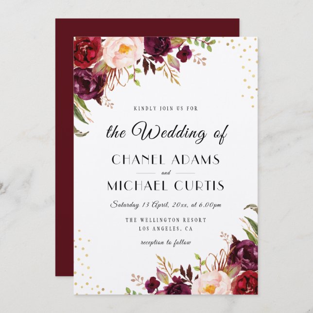 rustic burgundy wedding invitation (Front/Back)