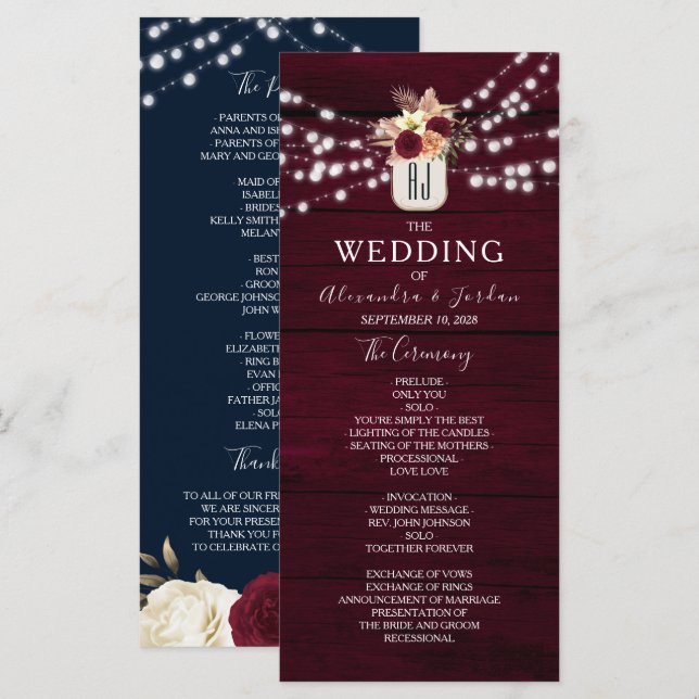 Rustic Burgundy Wedding Program Programme (Front/Back)