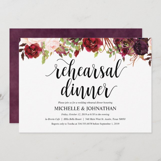 Rustic Burgundy Wedding Rehearsal Dinner Invite (Front/Back)